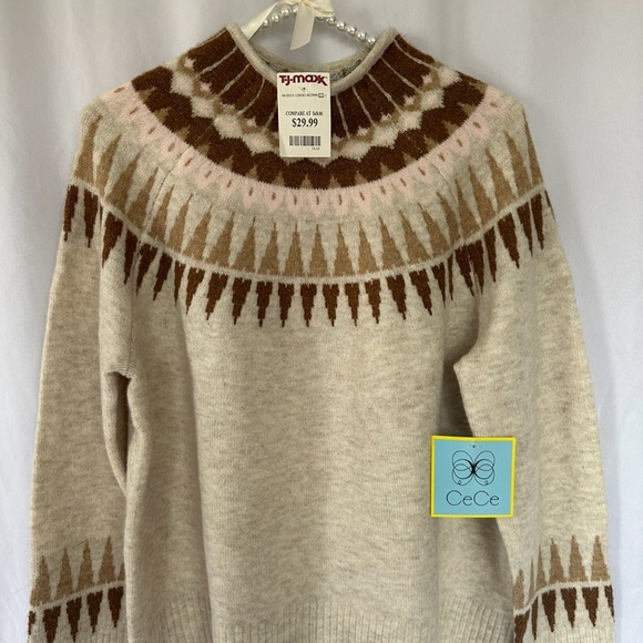 CeCe Sweaters - Beige Fair Isle Funnel Neck Sweater size: S